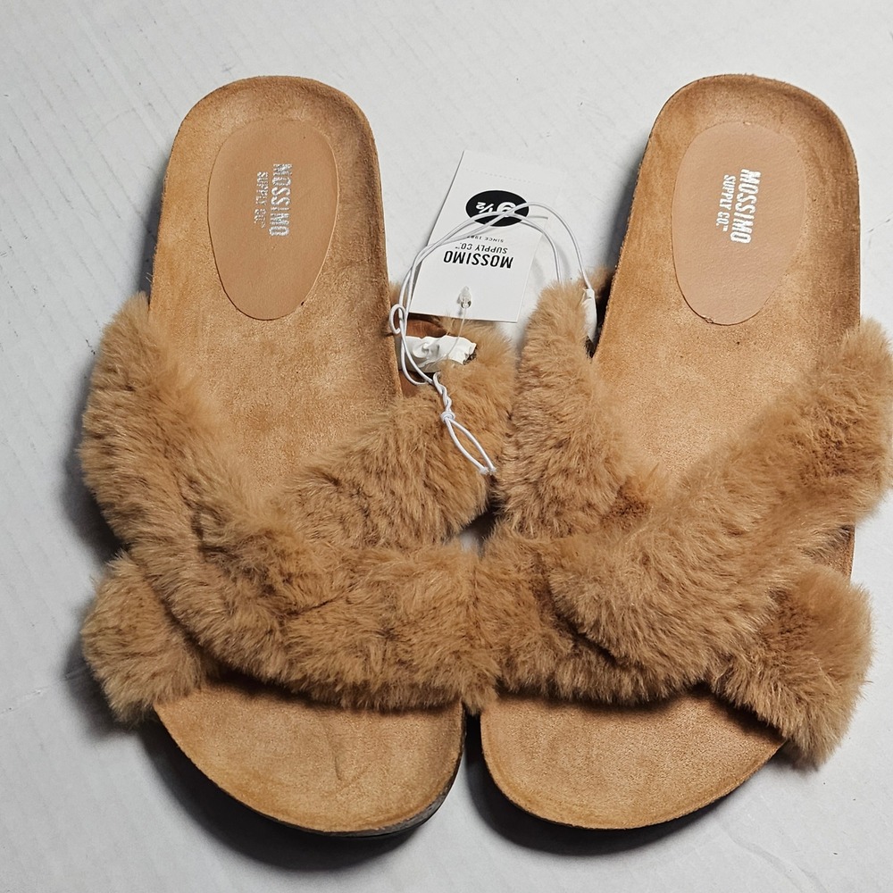 Mossimo Supply Co Bella Faux Fur Slides Tan Women's Size 9.5 Slip On Sandals New